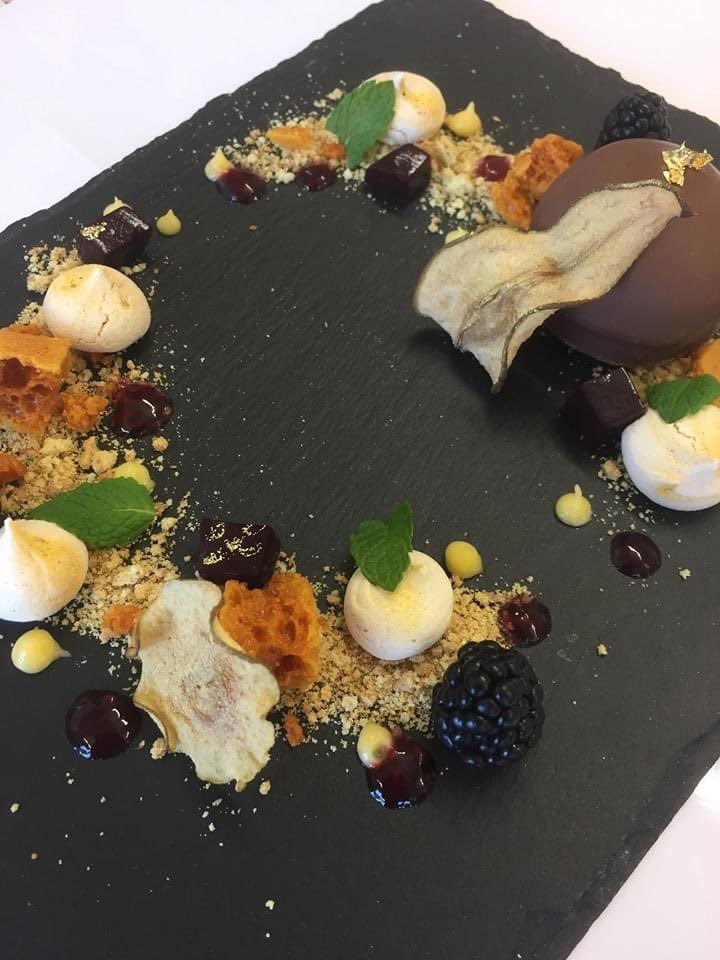 A dessert placed on a slate plate