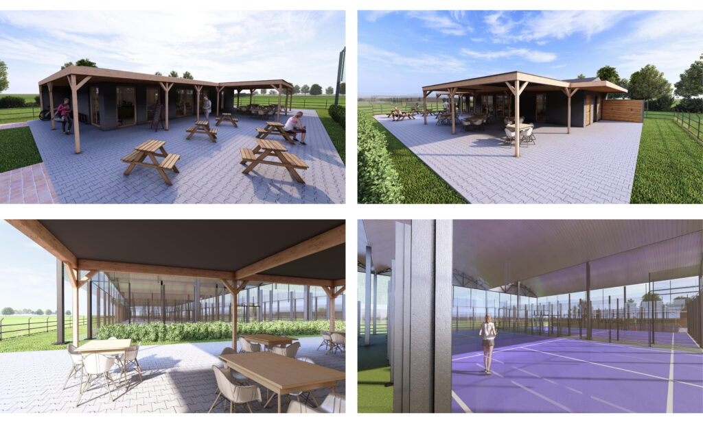 An architects drawing of the sociable outside courtyard attached to the Queen's College Padel courts.