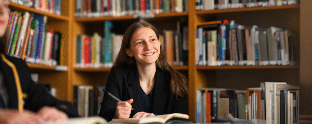 Queen's College pupil smiling in a classroom